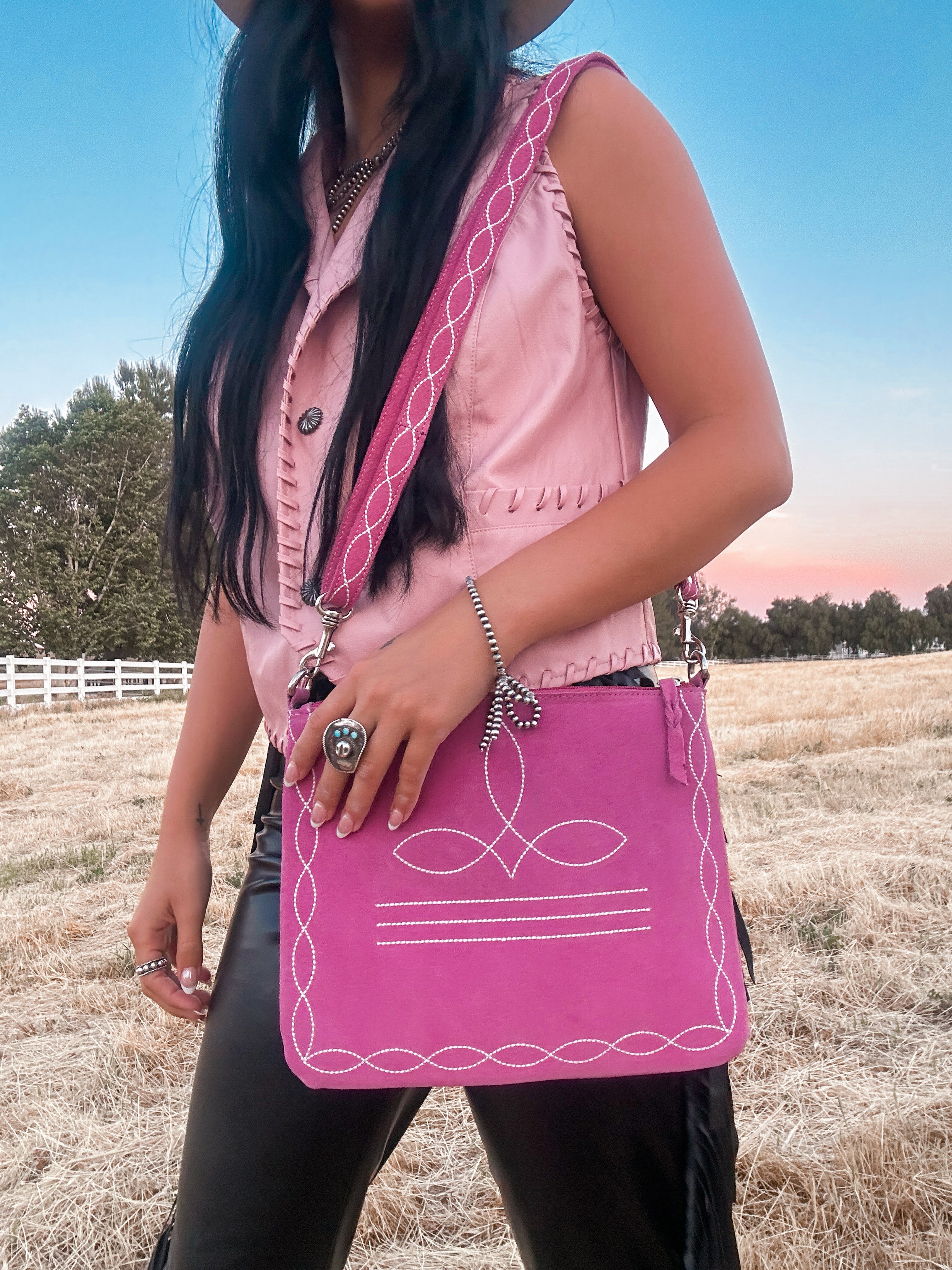 Pink Suede Leather Bootstitch Crossbody