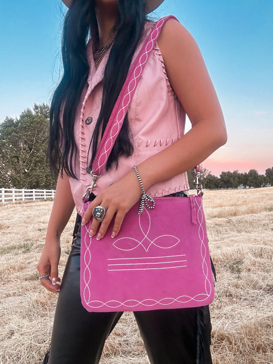 Pink Suede Leather Bootstitch Crossbody