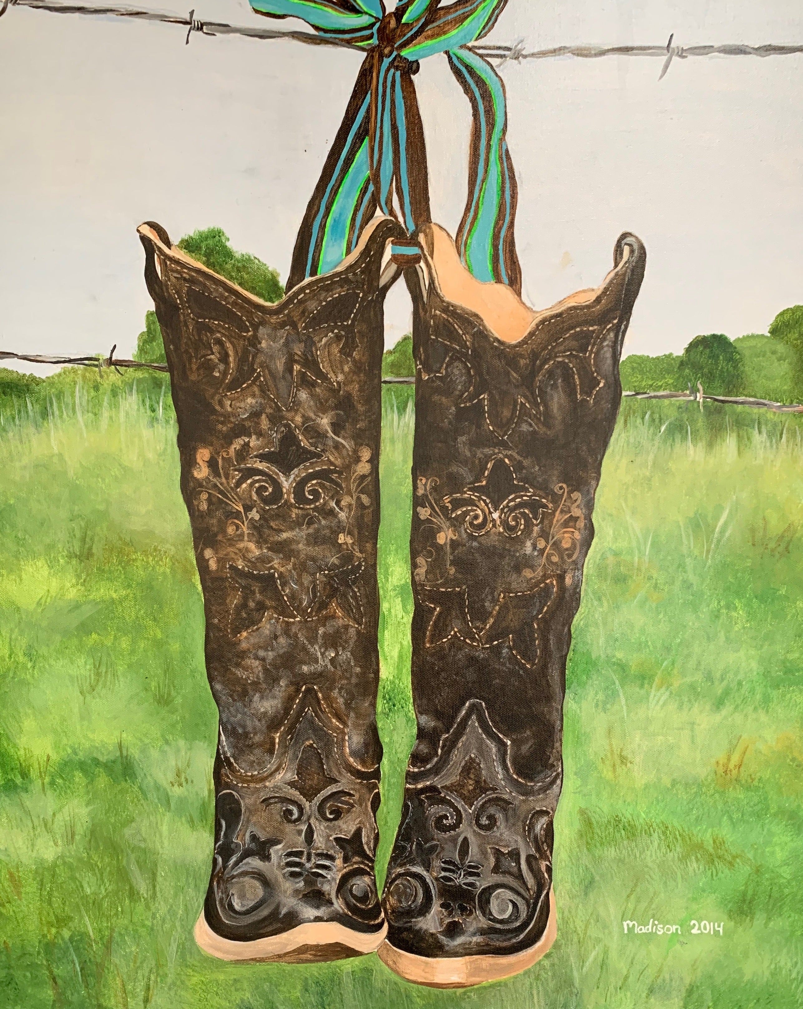 Cowgirl Boots Hanging on Barbed Wire Painting