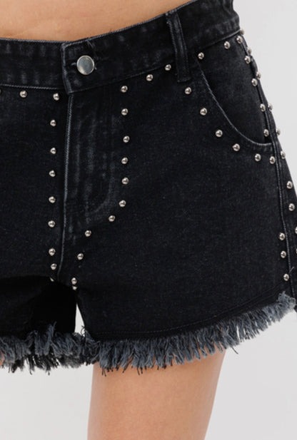 Rock and Roll Studded Denim Shorts-Black